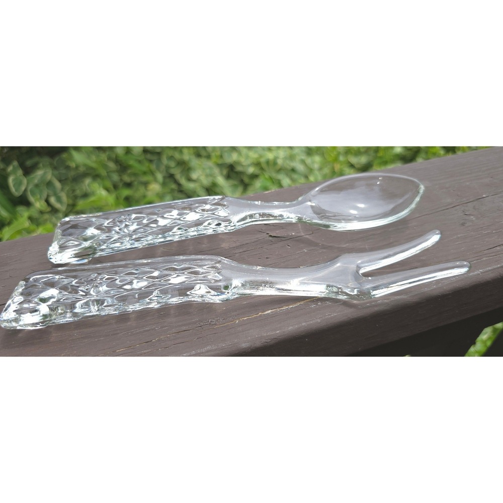 Vintage Clear Pressed Glass Salad Servers Set‎ Diamond Pattern Spoon Fork